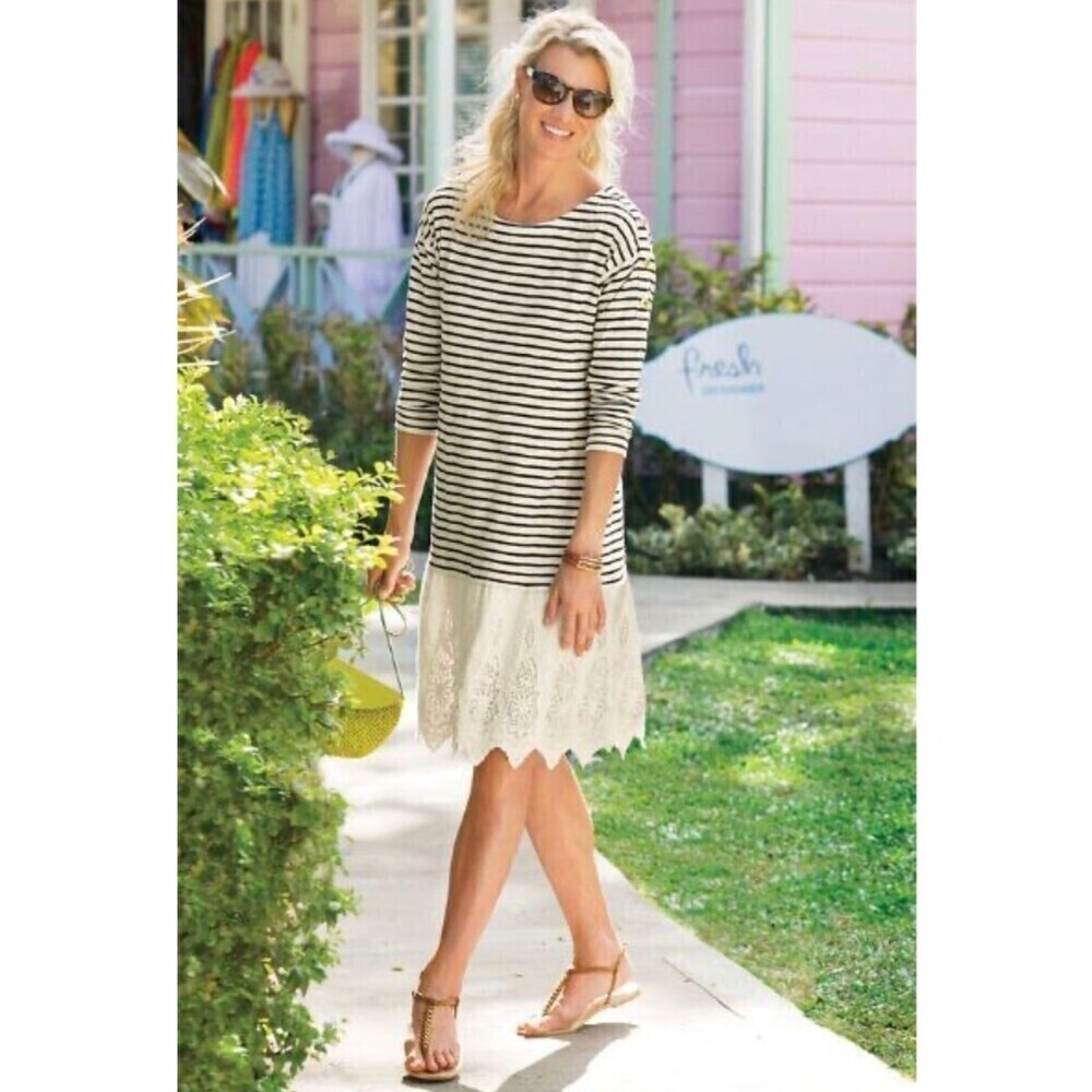 NEW Soft Surroundings Left Bank Long Sleeve Shirt Dress White Sailor Stripe XS
